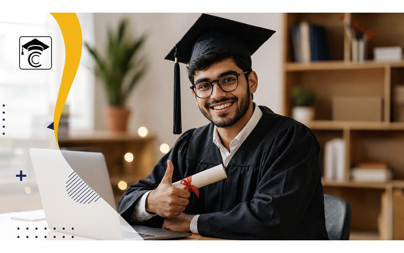 UGC-approved online MBA colleges in India concept with student using laptop and digital India map with education icons